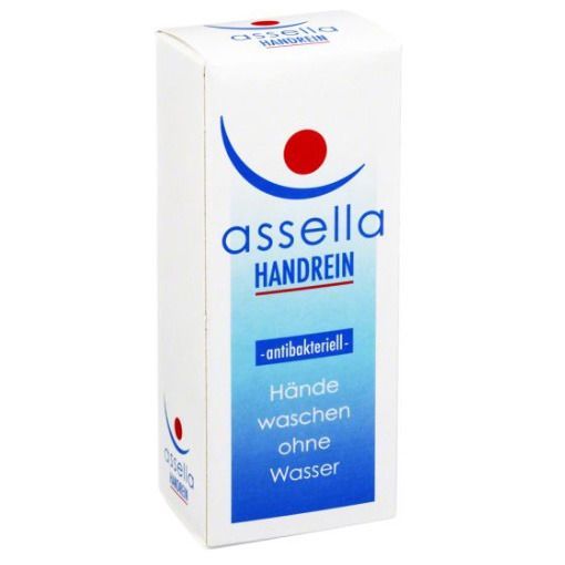 Weiße Schachtel, schräg gestellt. Blaues Logo mit rotem Punkt. Text: assella HANDREIN, -antibakteriell-, Hände waschen ohne Wasser.