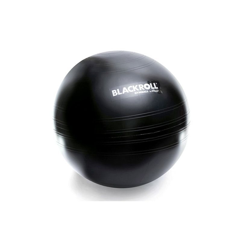 Schwarzer Gymball mit dem Schriftzug BLACKROLL. Der Ball hat horizontale Rillen.