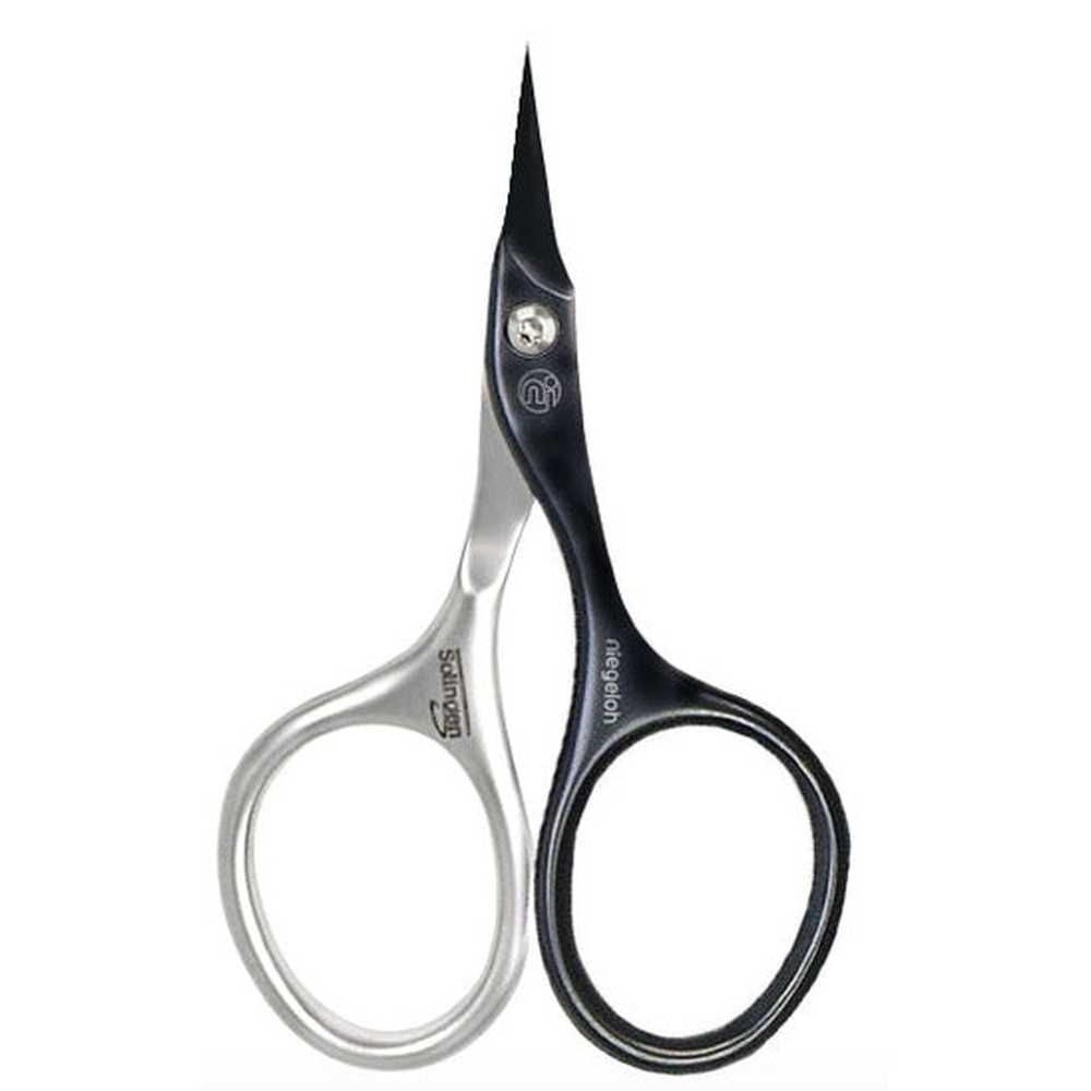 Cuticuleschere. Schwarze und silberfarbene Griffe. Schwarze Schneide. Marke Niegeloh Solingen.