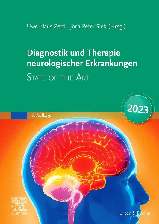 Buchcover: Diagnostik und Therapie neurologischer Erkrankungen. Titel, Autoren, Ausgabe 2023. Abbildung eines Gehirns und Profil.