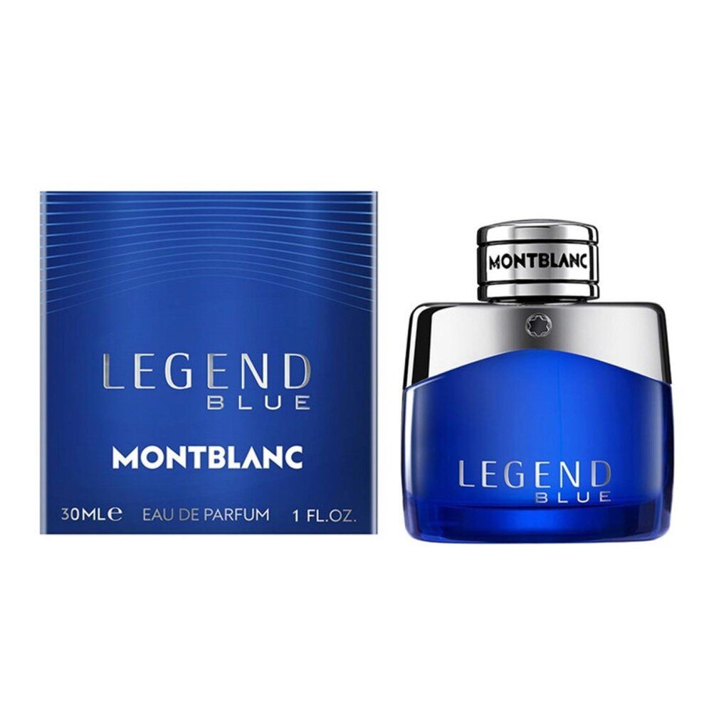 Blauer Flakon und Schachtel. Aufschrift LEGEND BLUE, MONTBLANC. 30ml Eau de Parfum. EdP Nat. Spray.