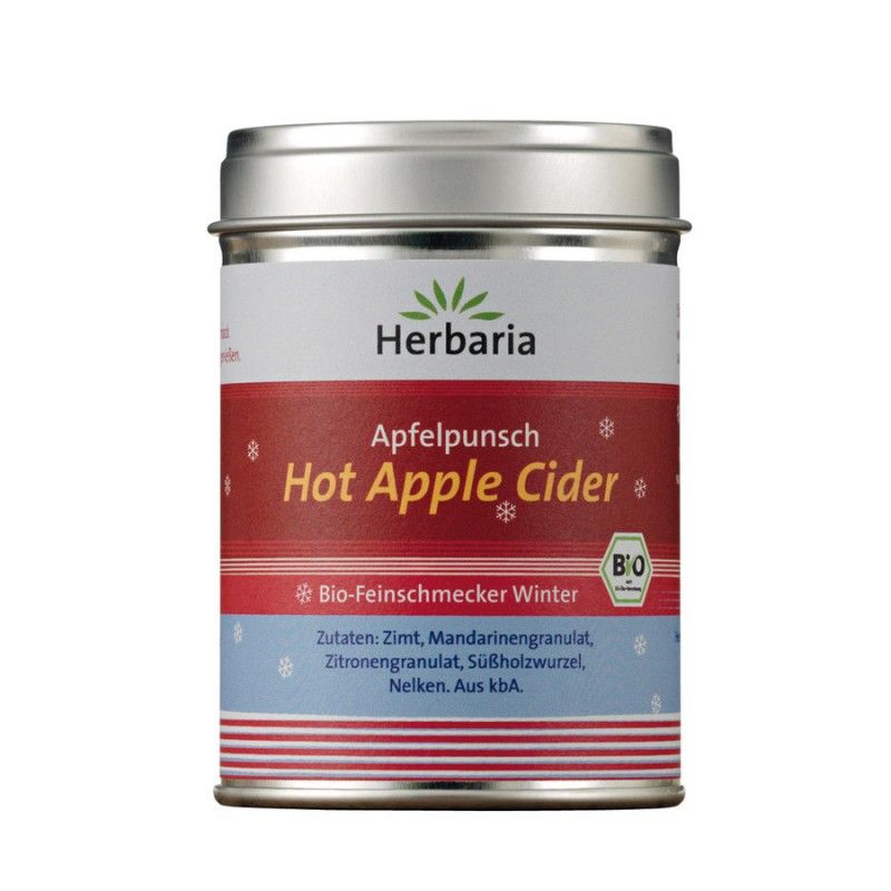 Metallbehälter mit Etikett. Aufschrift: Herbaria, Apfelpunsch, Hot Apple Cider. Bio-Feinschmecker Winter. Zutatenliste.
