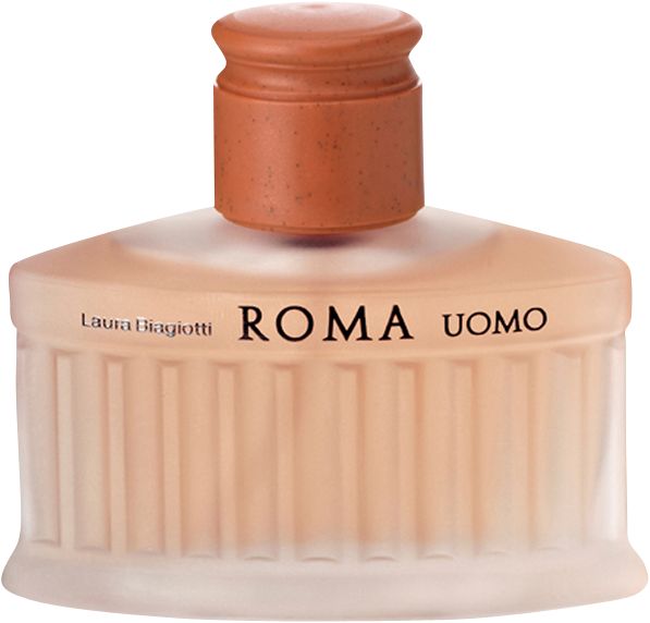 Parfümflasche. Aufschrift: Laura Biagiotti Roma Uomo. Flasche mit braunem Verschluss.