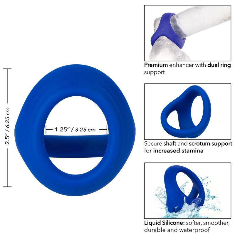 Blauer Ring mit Maßen. 2,5 Zoll Durchmesser, 1,25 Zoll Breite. Produkt mit runder Öffnung. Text: Liquid Silicone.