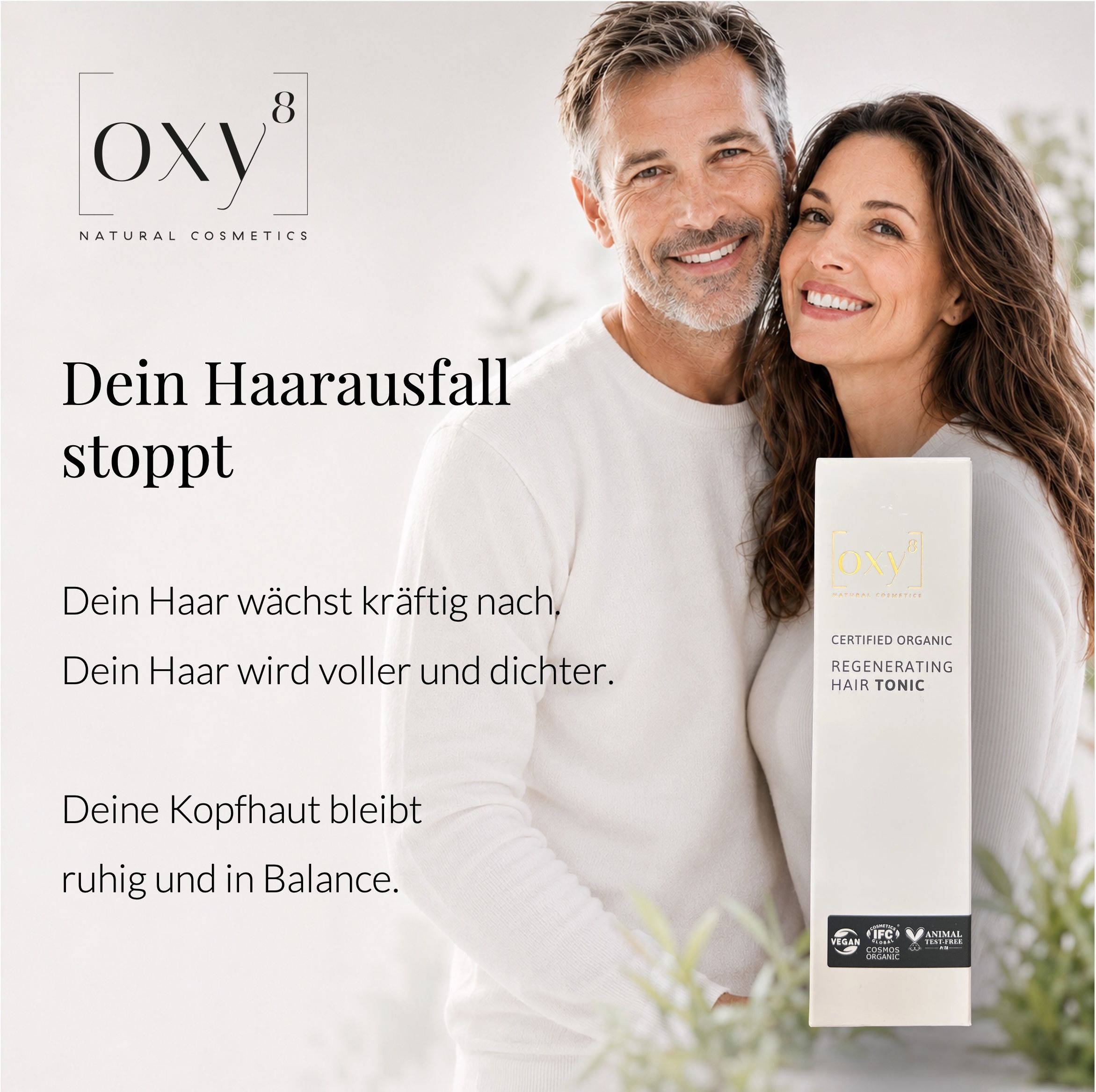 Mann und Frau mit OXY8 Regenerating Hair Tonic Verpackung