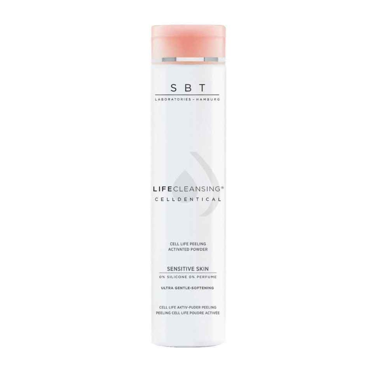 Zylindrische Flasche mit rosa Deckel. Aufschrift: SBT, LifeCleansing Celldentical, Sensitive Skin. Weißes Etikett.