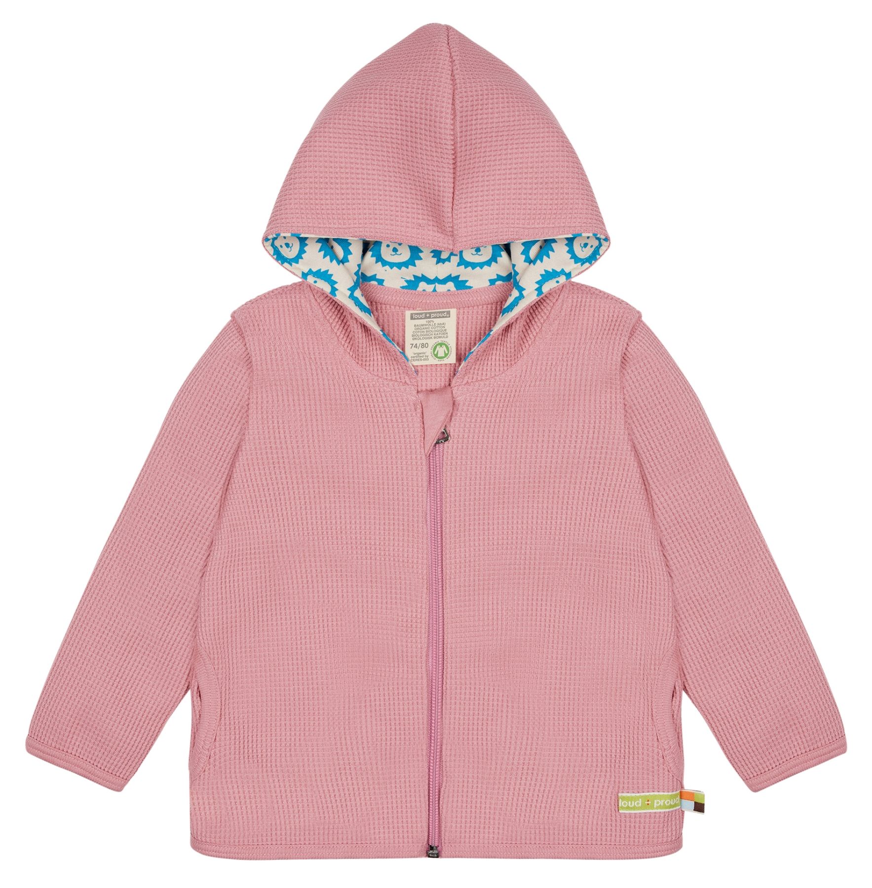 Rosa Jacke mit Kapuze und Waffelstruktur. Innenfutter mit Muster. Reißverschluss vorne. Label am Saum.