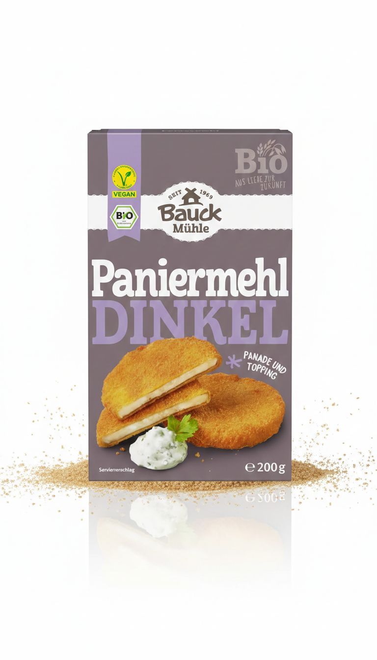 Bauck Mühle Dinkel-Paniermehl Bio Verpackung mit panierten Speisen.