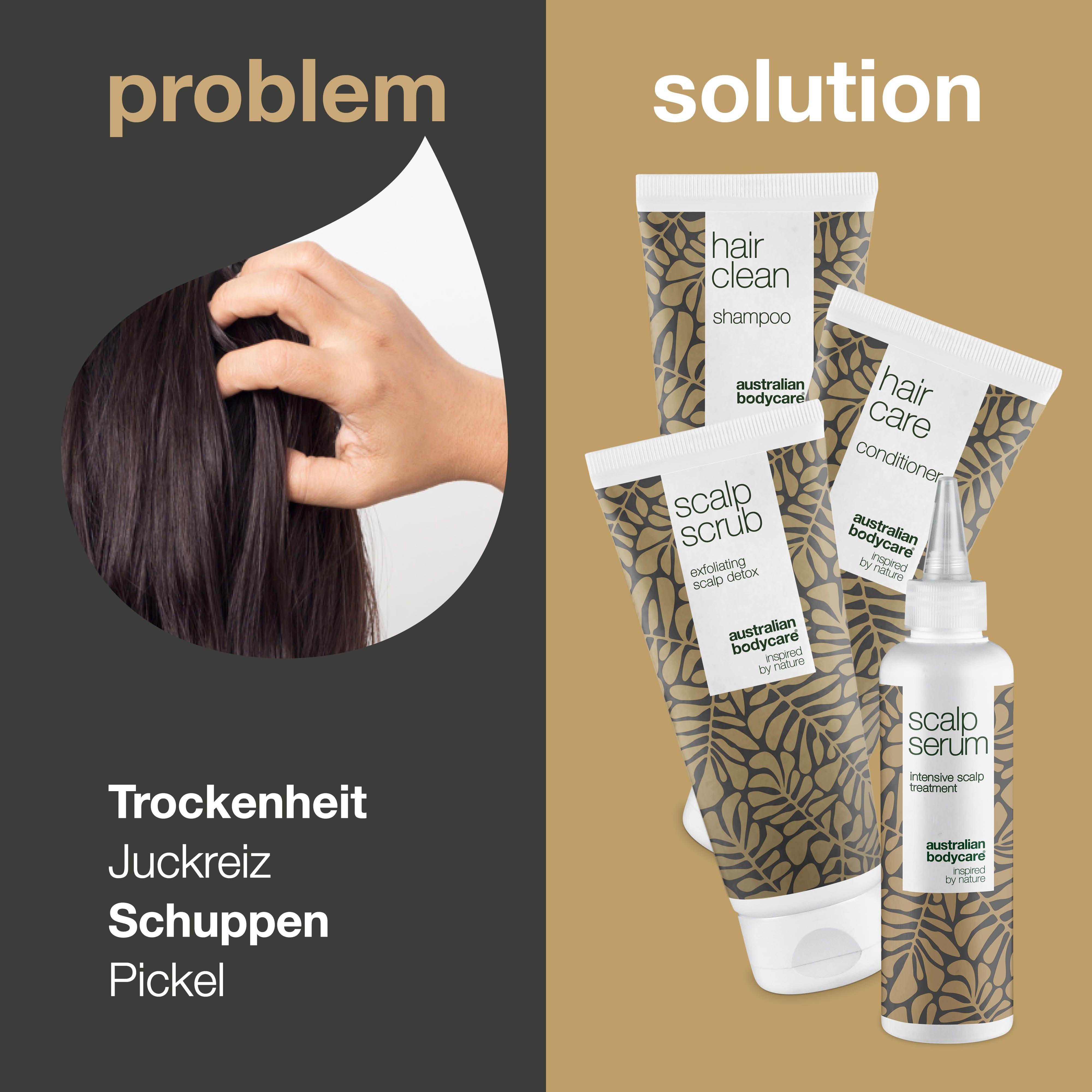 Problem und Lösung. Trockenheit, Juckreiz, Schuppen, Pickel. Produkte: Shampoo, Peeling, Conditioner, Serum.