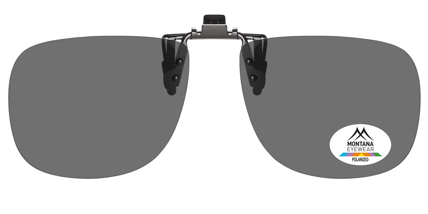 Montana Eyewear Mauritius Clip-on-Sonnenbrille. Rechteckige Gläser, grau getönt. Mit Logo und Polarisationshinweis.