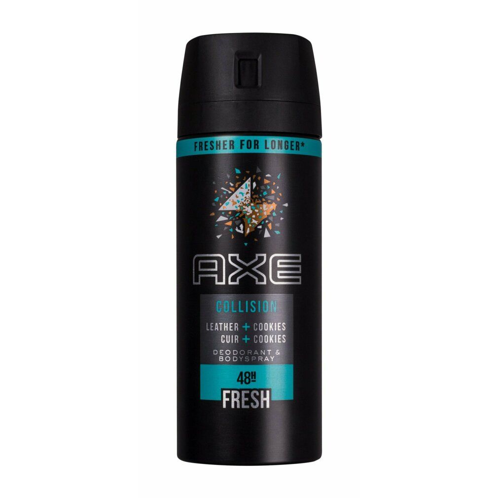 Axe Kollision Deodorant-Bodyspray. Schwarz, mit türkisfarbenen Akzenten. Text: "48h Fresh".