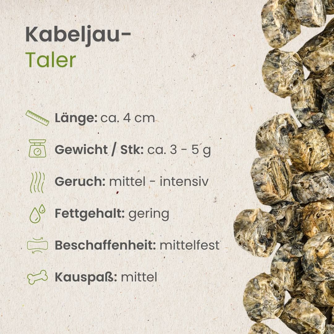 Kabeljau-Taler als Hundekauartikel: ca. 4 cm Länge, 3-5g Gewicht, geringer Fettgehalt, mittelfeste Beschaffenheit.
