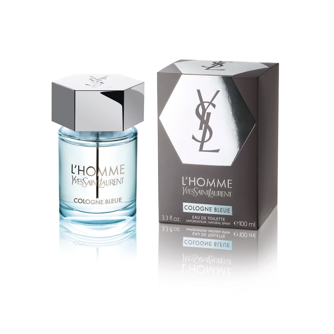 Yves Saint Laurent L'Homme Cologne Bleu. Flakon mit silbernem Deckel und Verpackung. Text: L'Homme, Cologne Bleu, Eau de Toilette.