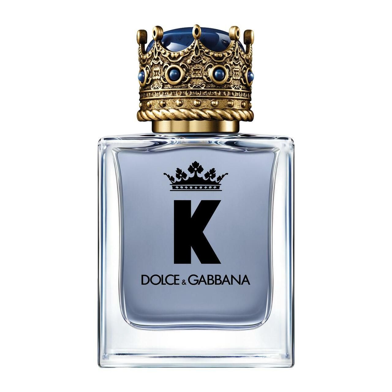 Quadratischer Flakon mit goldfarbenem Kronenverschluss und blauer Flüssigkeit. Schwarzes 'K' und Dolce & Gabbana-Logo.