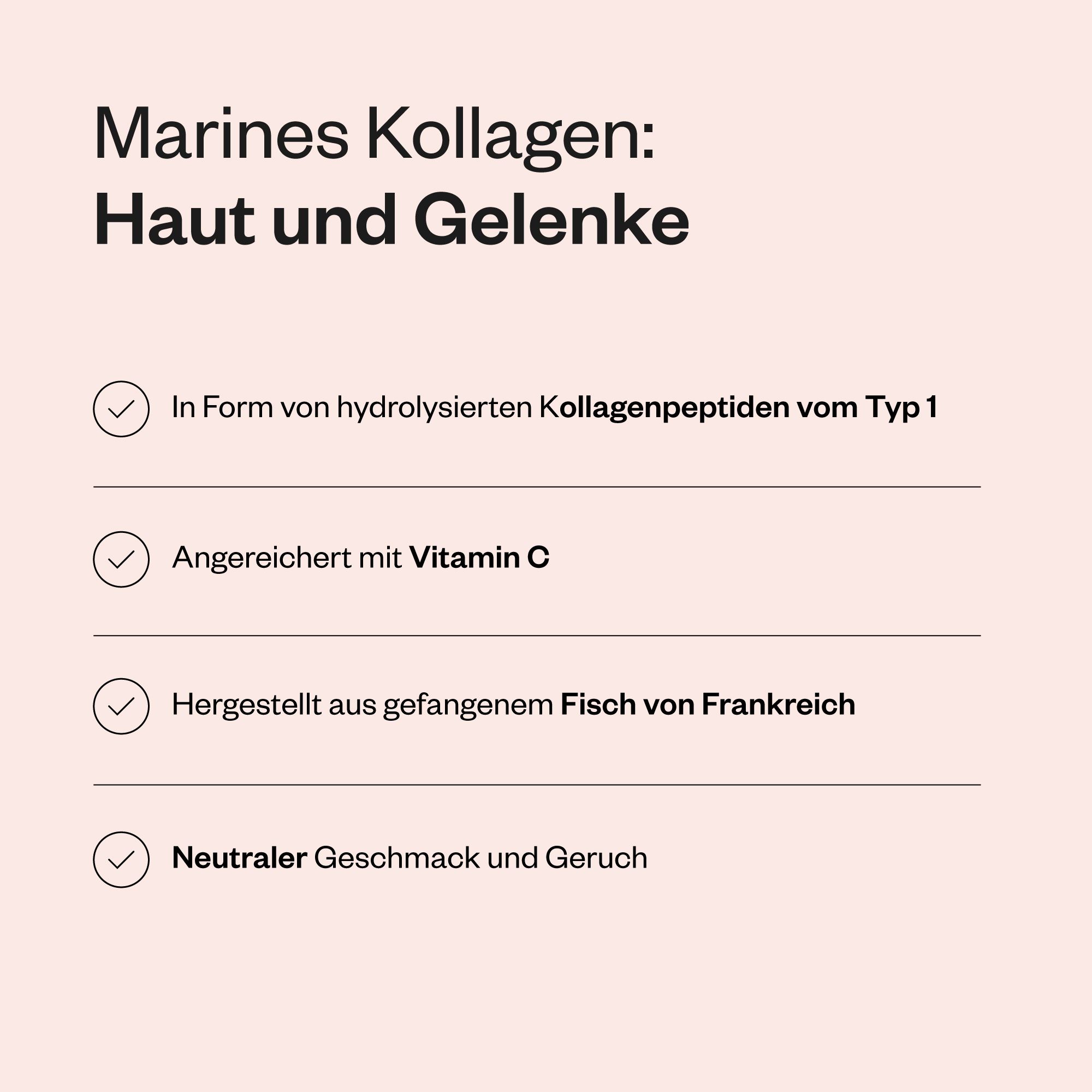 Text mit Aufzählungspunkten über Marine Collagen. Themen: Haut und Gelenke, hydrolysierte Kollagenpeptide, Vitamin C, Fisch.