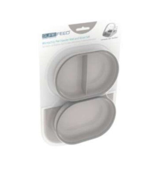 Graues Futterautomatenset. Zwei ovale Schalen, geteilt. Auf weißer Verpackung mit Produktnamen und Logo.