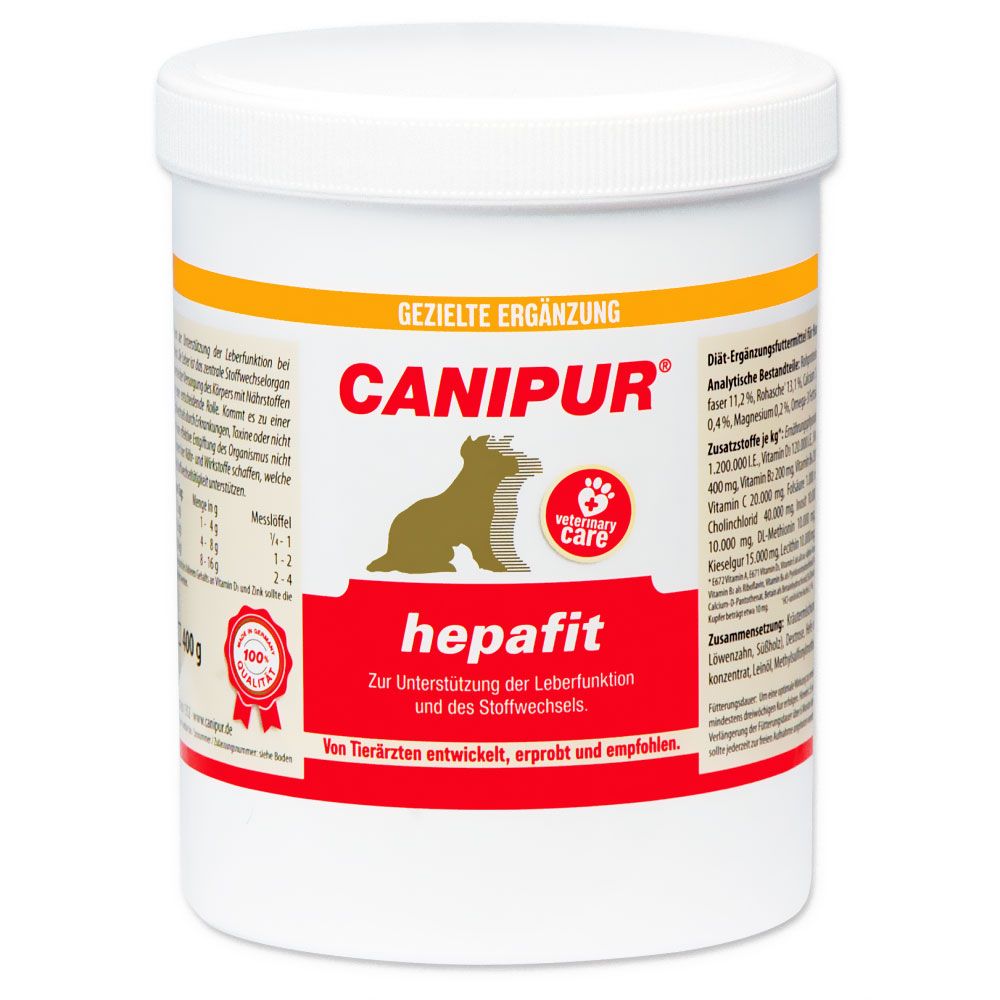 Weißes Produktgebinde mit gelben und roten Akzenten. Aufschrift CANIPUR hepafit, Logo mit Hund. Text zur Unterstützung der Leberfunktion.