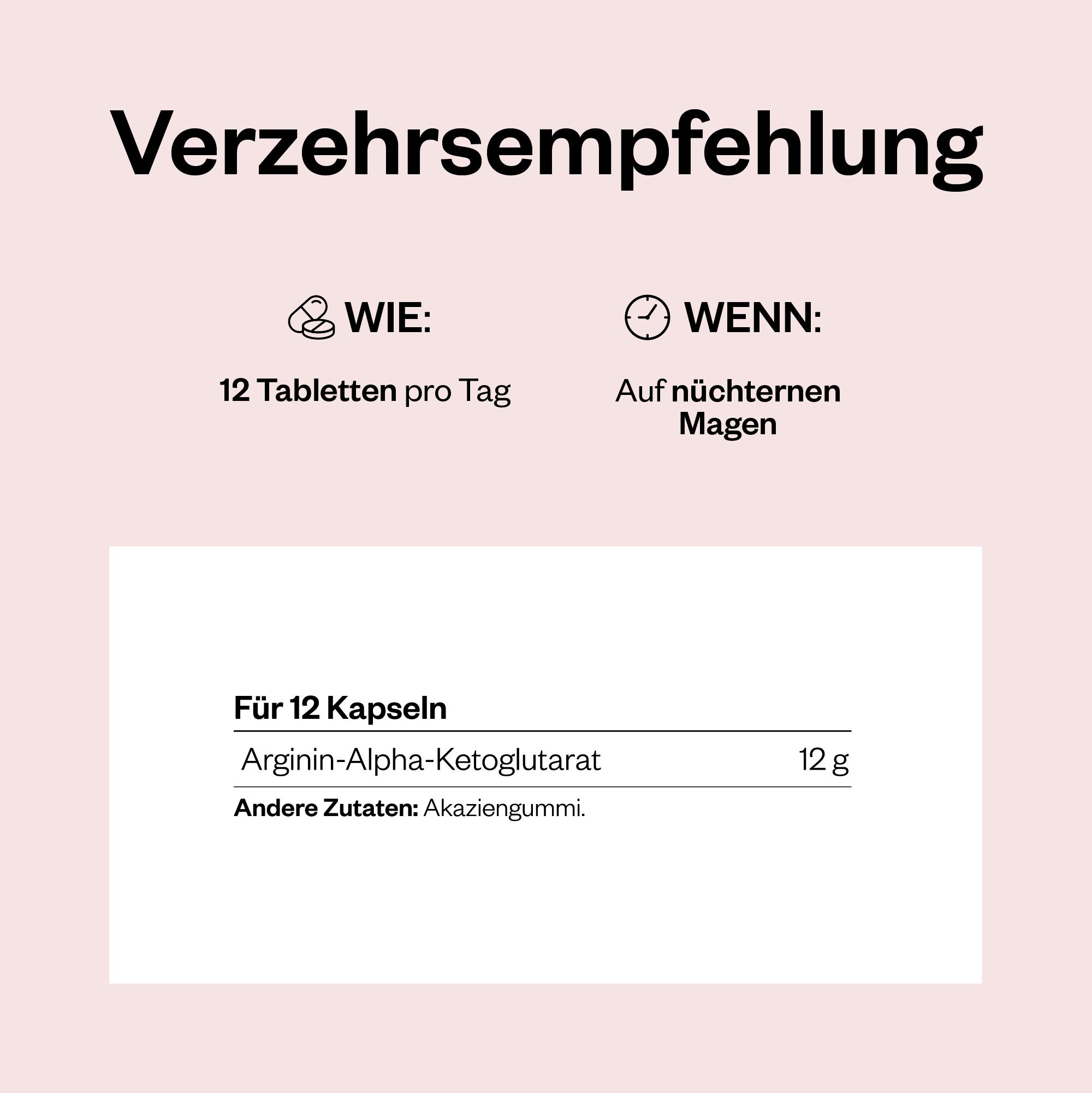 Text auf rosa Hintergrund. Überschrift: Verzehrempfehlung. Text: 12 Tabletten pro Tag, auf nüchternen Magen. Inhaltsstoffe.