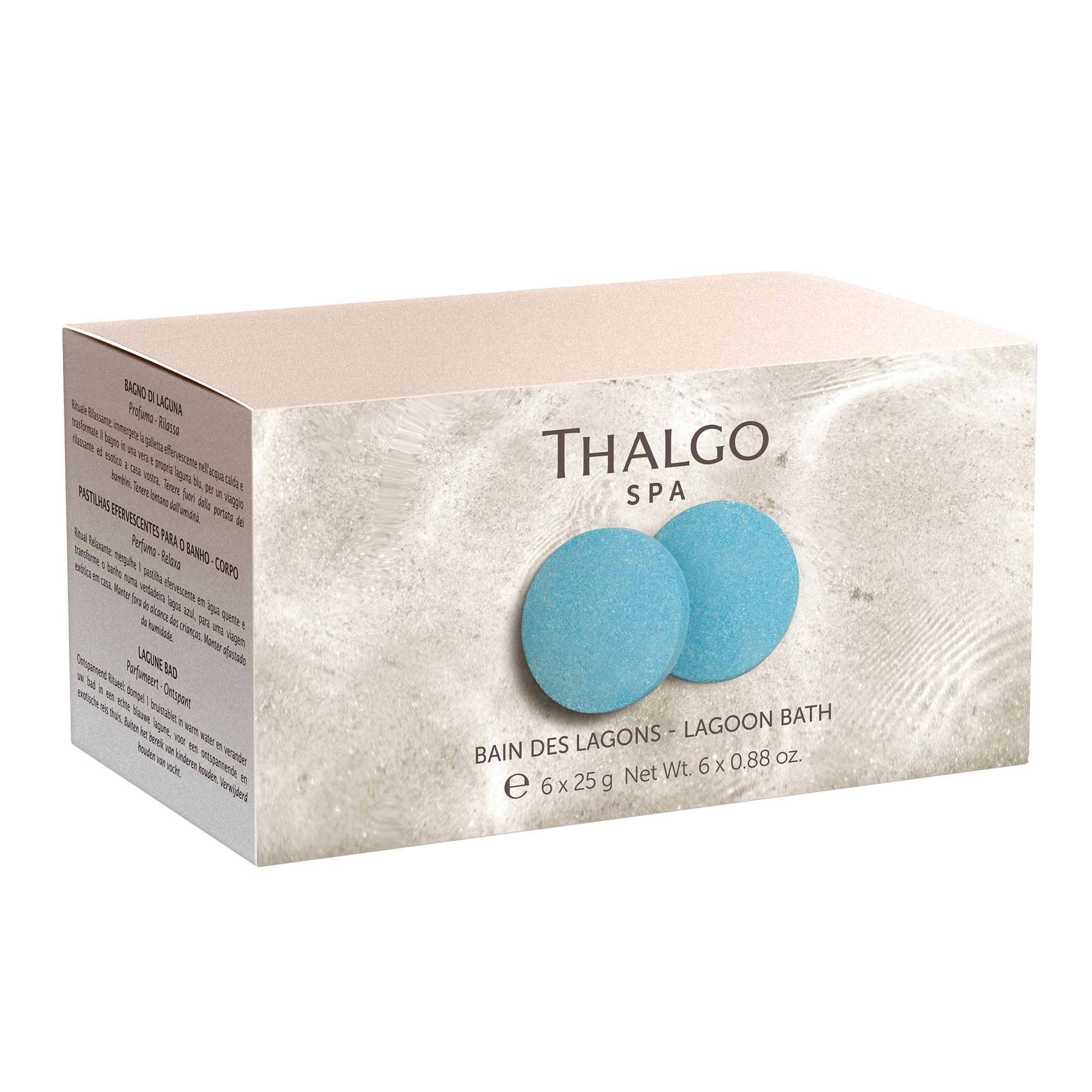 Karton mit zwei blauen, runden Badezusätzen. Aufschrift: THALGO SPA, Bains des Lagons - Lagoon Bath.