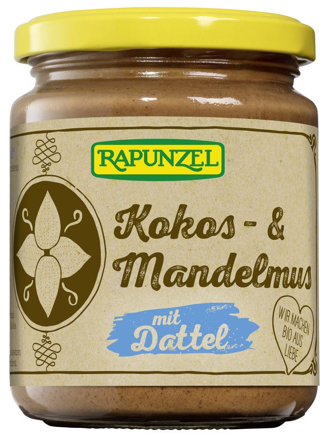 Glas mit Kokos- & Mandelmus mit Dattel. Gelber Deckel, braunes Etikett mit Logo und Schriftzug.