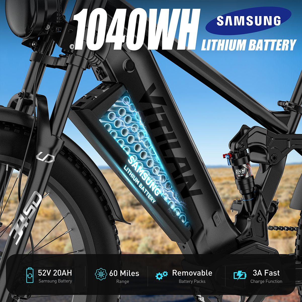 E-Bike mit 1040WH Samsung Lithium-Batterie. 52V 20AH. 60 Meilen Reichweite. Herausnehmbare Akkus. 3A Schnellladung.
