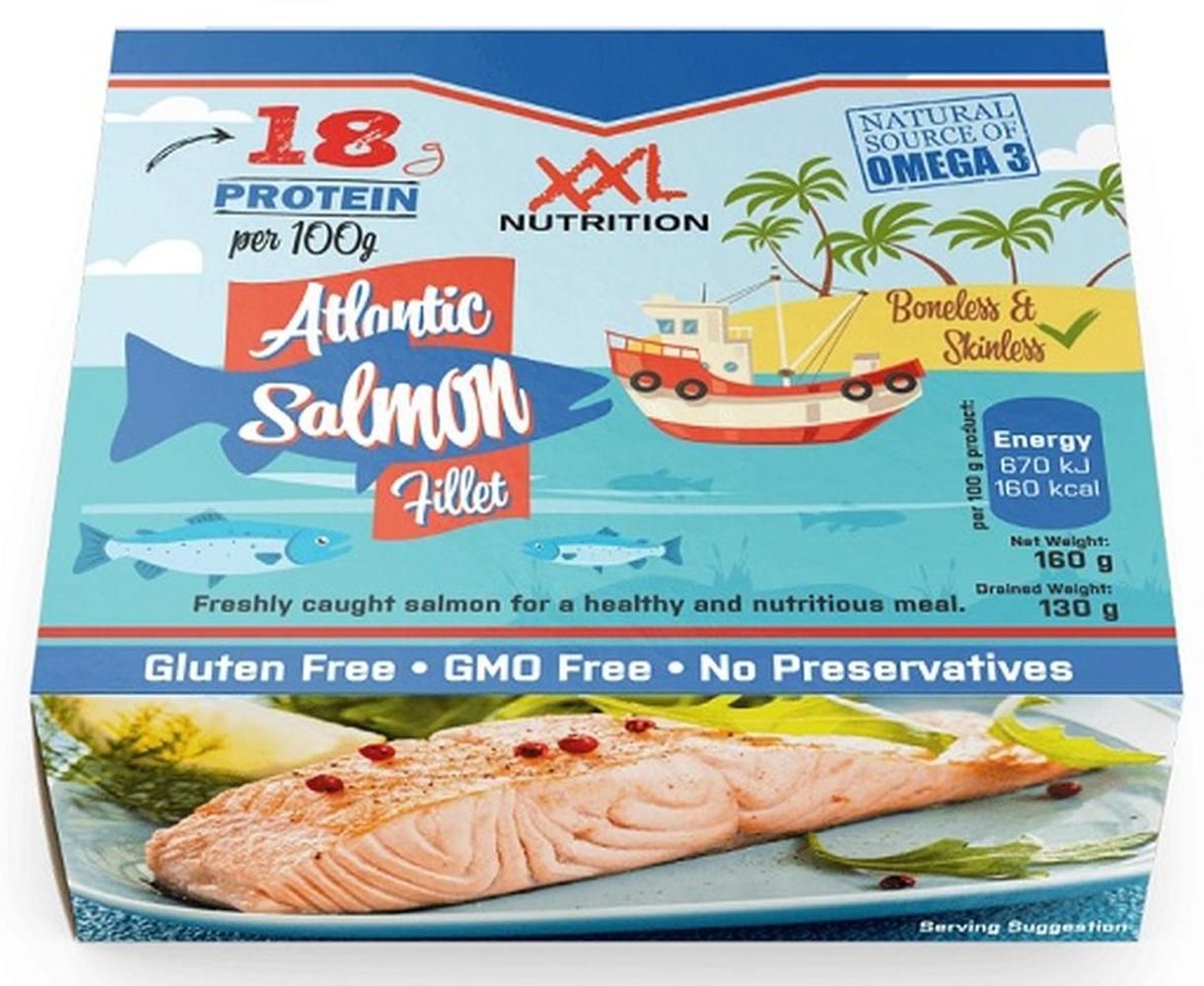 Verpackung mit XXL Nutrition Lachsfilet. Enthält 18g Protein pro 100g. Glutenfrei, GMO-frei, ohne Konservierungsstoffe. Abbildung eines Lachses.