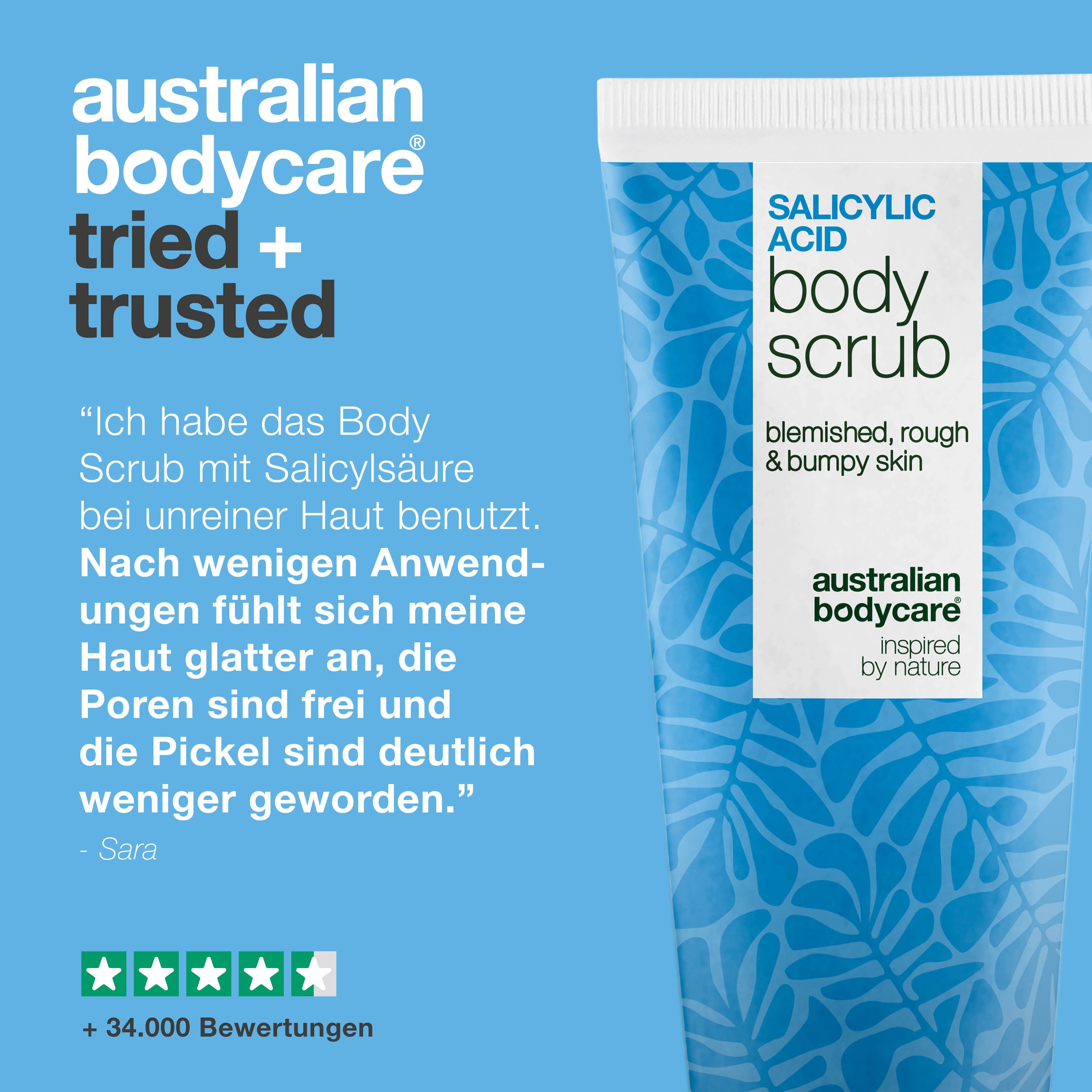 Produkt-Tube mit Text: Salicylsäure Body Scrub. Marke: Australian Bodycare. Text: tried + trusted. Sterne-Bewertung.