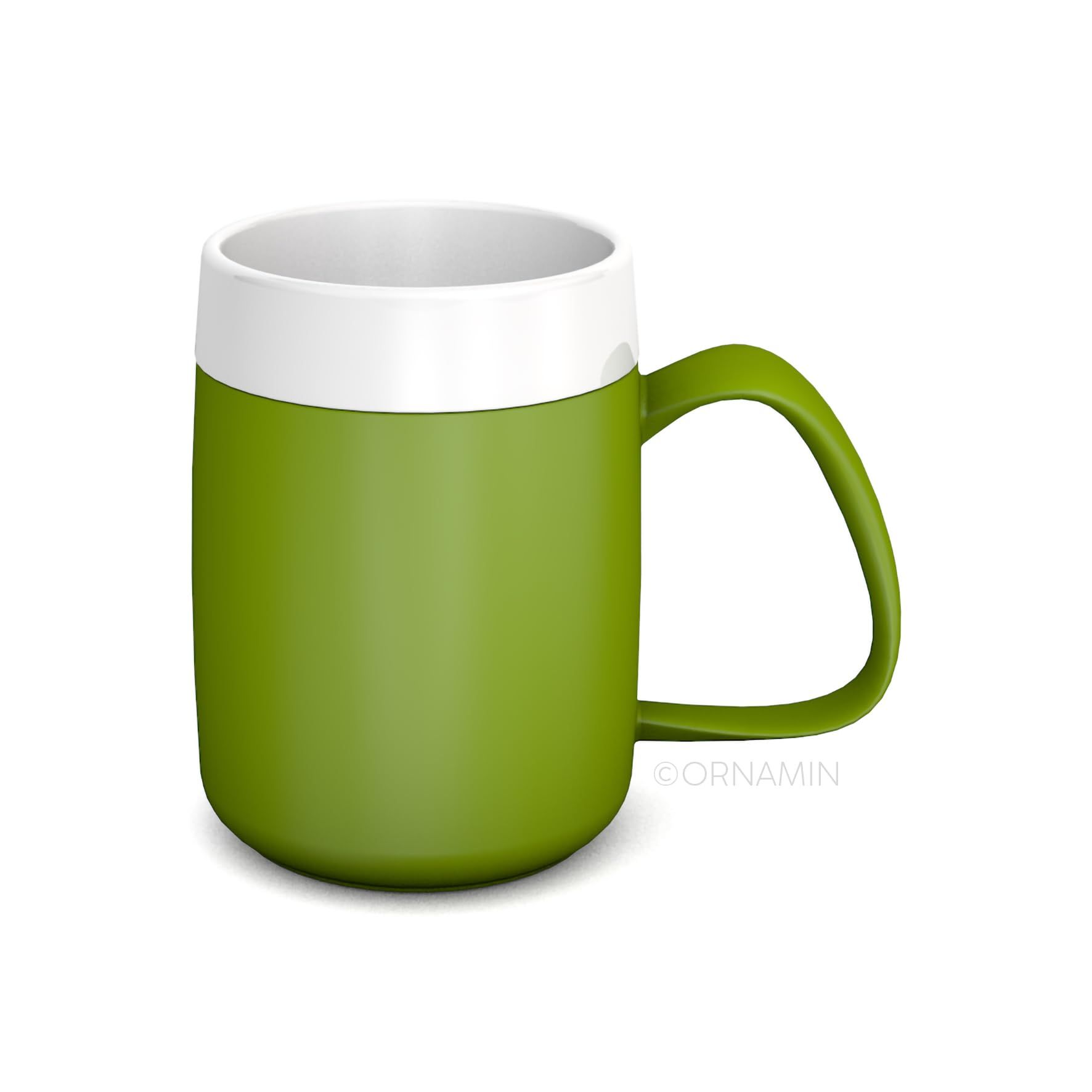 Grüner Becher mit weißem Rand und großem, geschwungenem Henkel.