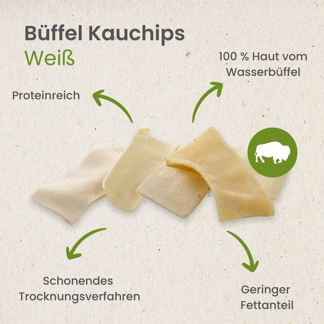 Welpe kaut auf einem Büffel Kauchip, der auf einem Holzstamm liegt. Produktinformationen sind im Kreis.