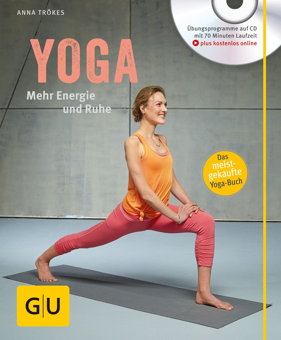 Buchcover mit Titel YOGA, Untertitel Mehr Energie und Ruhe. Frau in Yoga-Pose. CD und GU-Logo. Aufkleber: Das meistgekaufte Yoga-Buch.