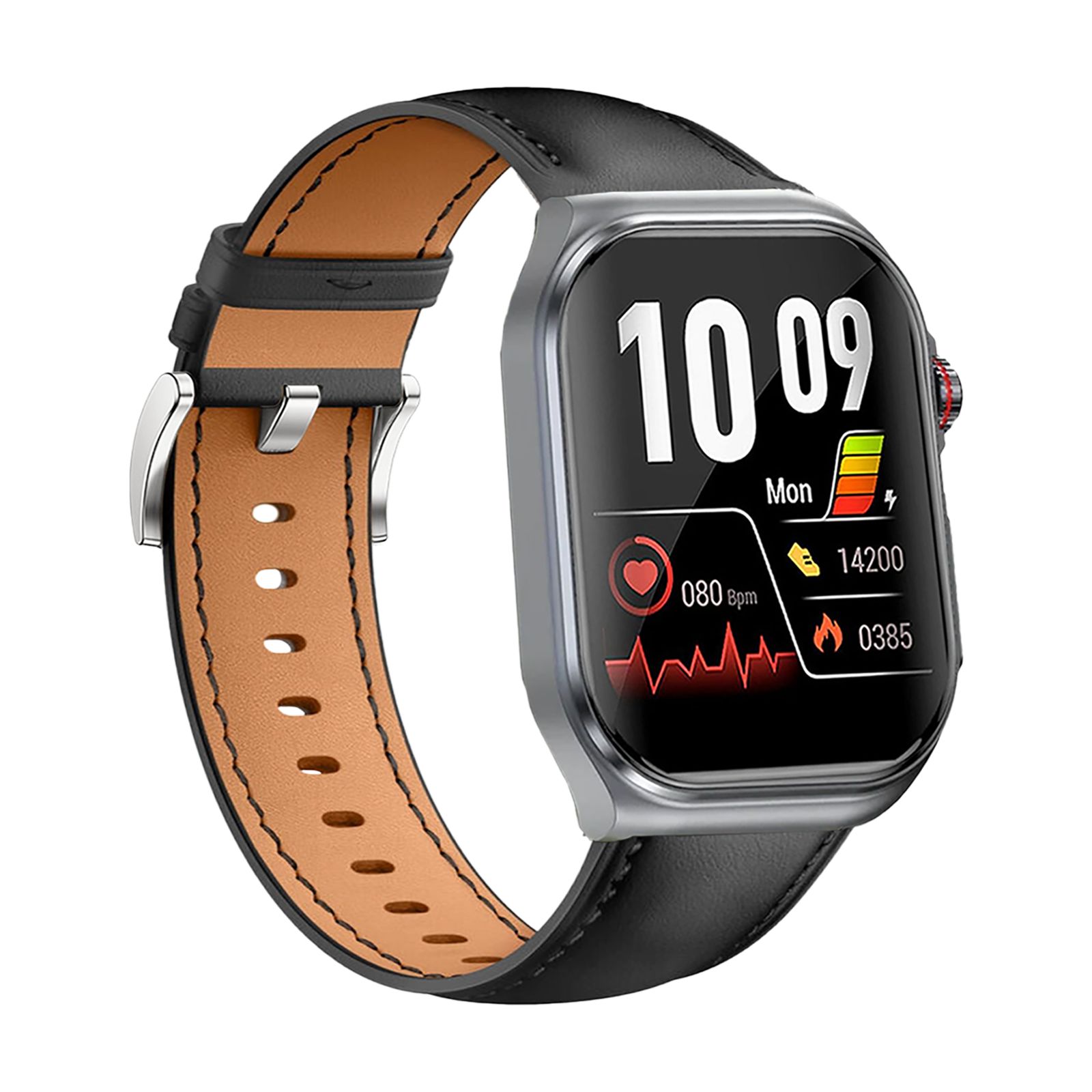 Smartwatch mit schwarzem Lederarmband. Anzeige mit Uhrzeit, Herzfrequenz, Akkustand und Aktivitätsdaten. Metallgehäuse.