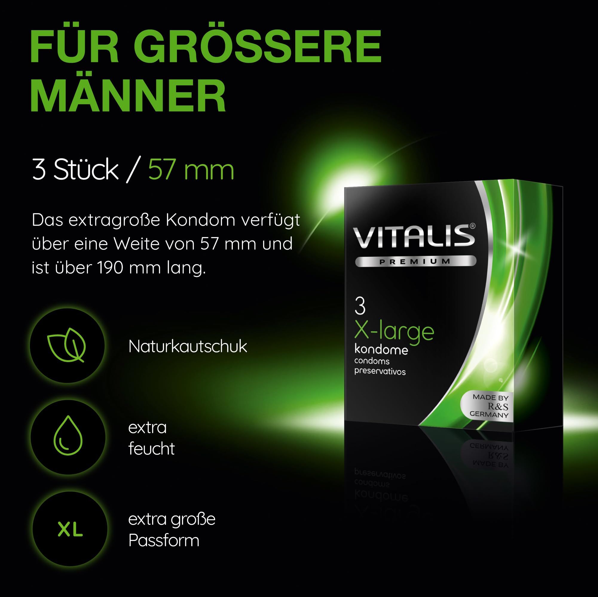 Vitalis Premium X-Large Kondome: 3 Stück, 57 mm Breite, Naturkautschuk, extra feucht, XL Passform.