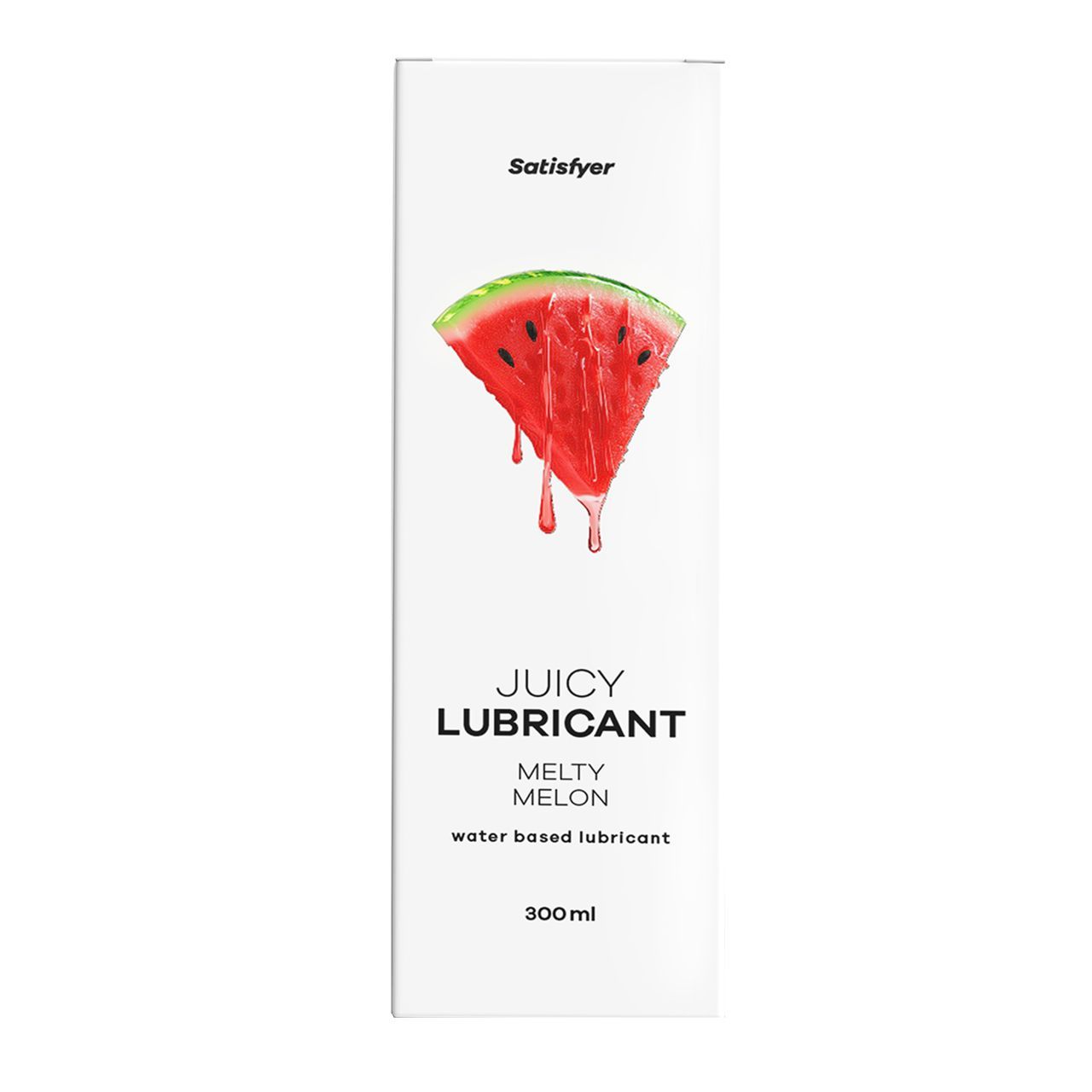 Weiße Verpackung mit Wassermelonen-Illustration. Oben steht "Satisfyer". Darunter "JUICY LUBRICANT MELTY MELON". Unten "300ml".