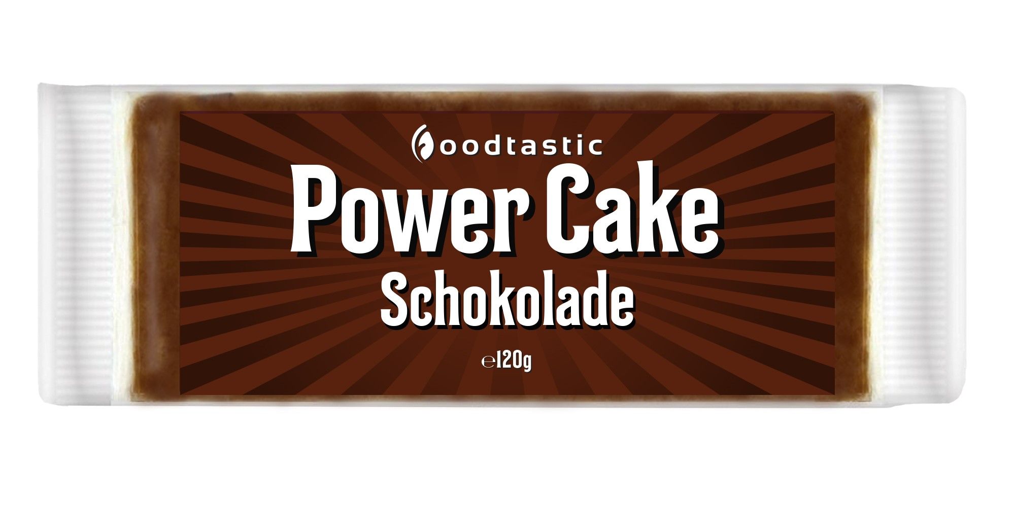Verpackung von Foodtastic Power Cake Schokolade. Braune Riegel mit weißer Schrift. Marke und Produktbezeichnung deutlich sichtbar.
