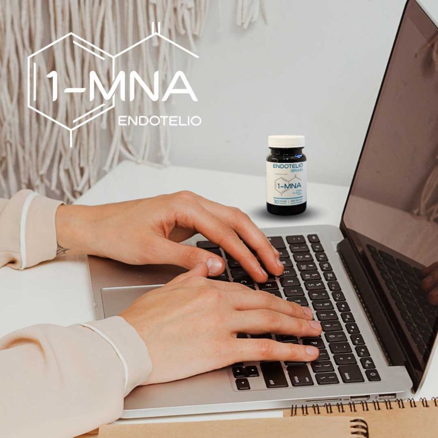 Person tippt auf Laptop-Tastatur. Auf dem Tisch steht eine Flasche mit Produktaufdruck: ENDOTELIO BRAIN, 1-MNA. Im Hintergrund eine Grafik.