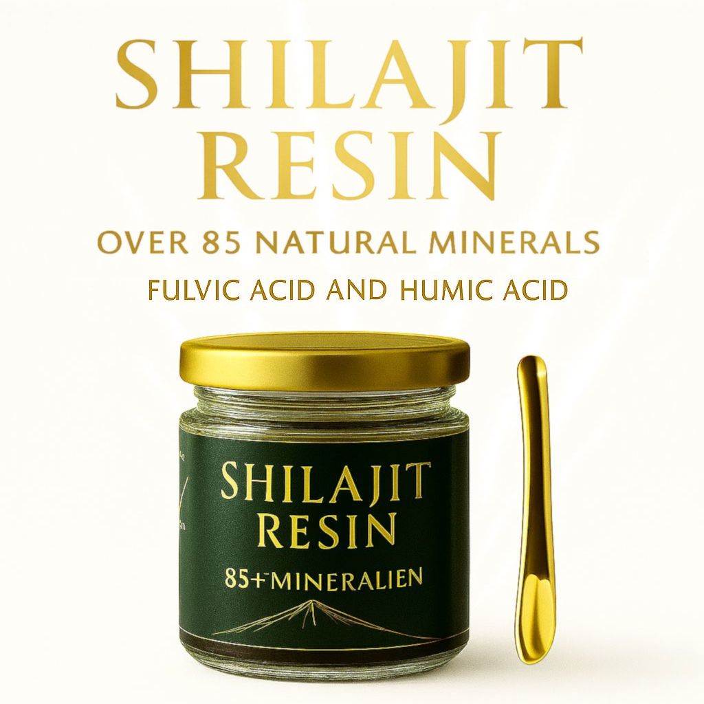 Glas mit Shilajit Resin, goldener Deckel, grünes Etikett. Goldener Löffel. Text: Over 85 Natural Minerals, Fulvic Acid and Humic Acid.
