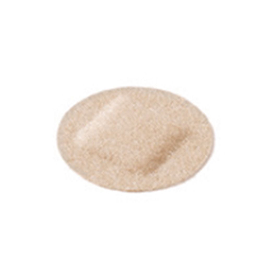 Runder Wundverband. Beige, rund, mit quadratischem Mittelteil. Durchmesser: 2,3 cm.