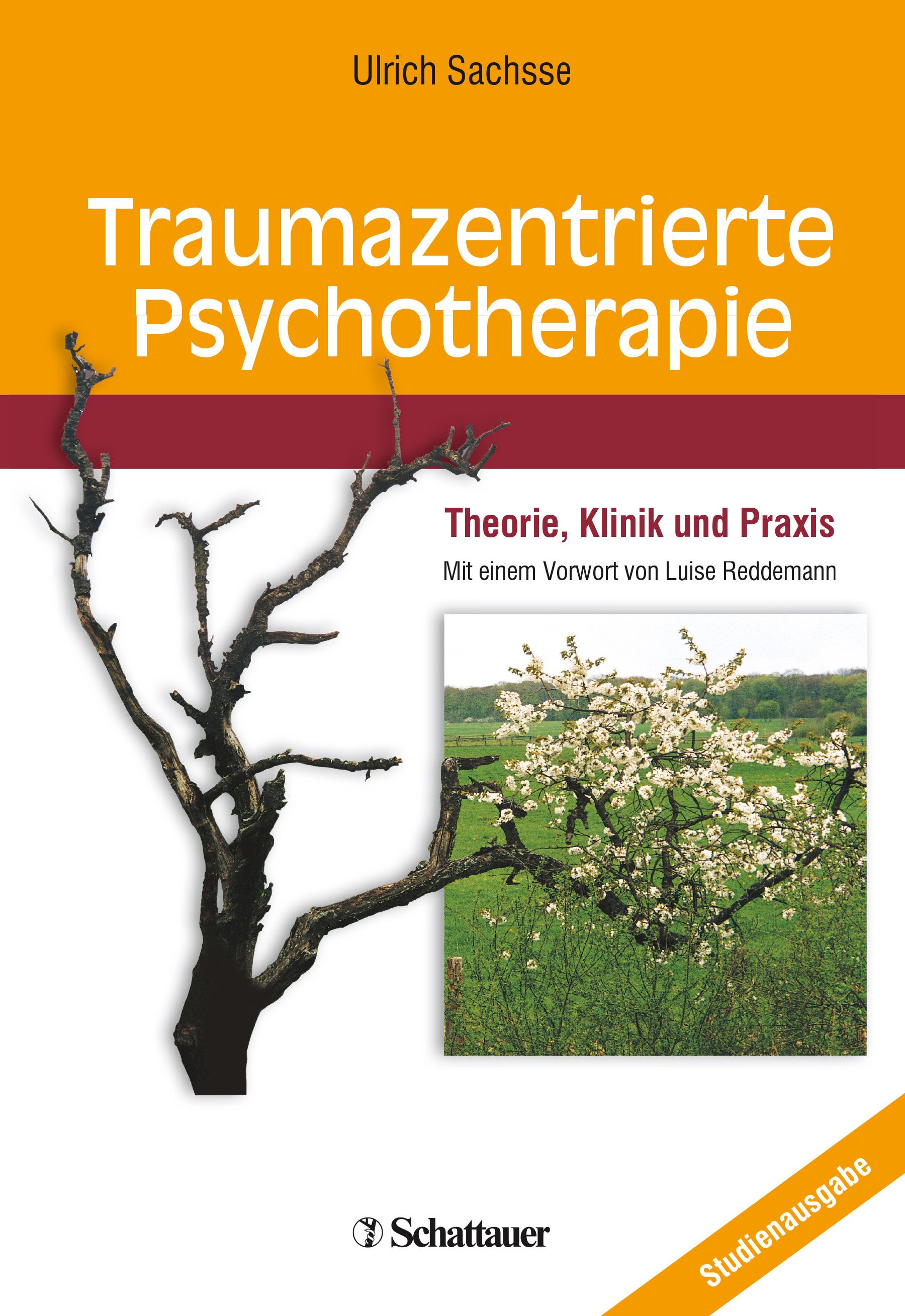 Buchcover: Traumazentrierte Psychotherapie von Ulrich Sachsse. Titel in Weiß auf orange-rotem Hintergrund. Schattauer Verlag.