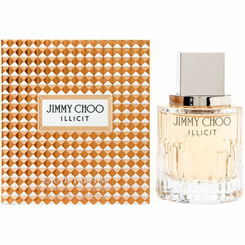 Parfümflakon und Verpackung. Aufschrift: JIMMY CHOO ILLICIT. Flakon mit silbernem Deckel. Verpackung mit geprägtem Muster.