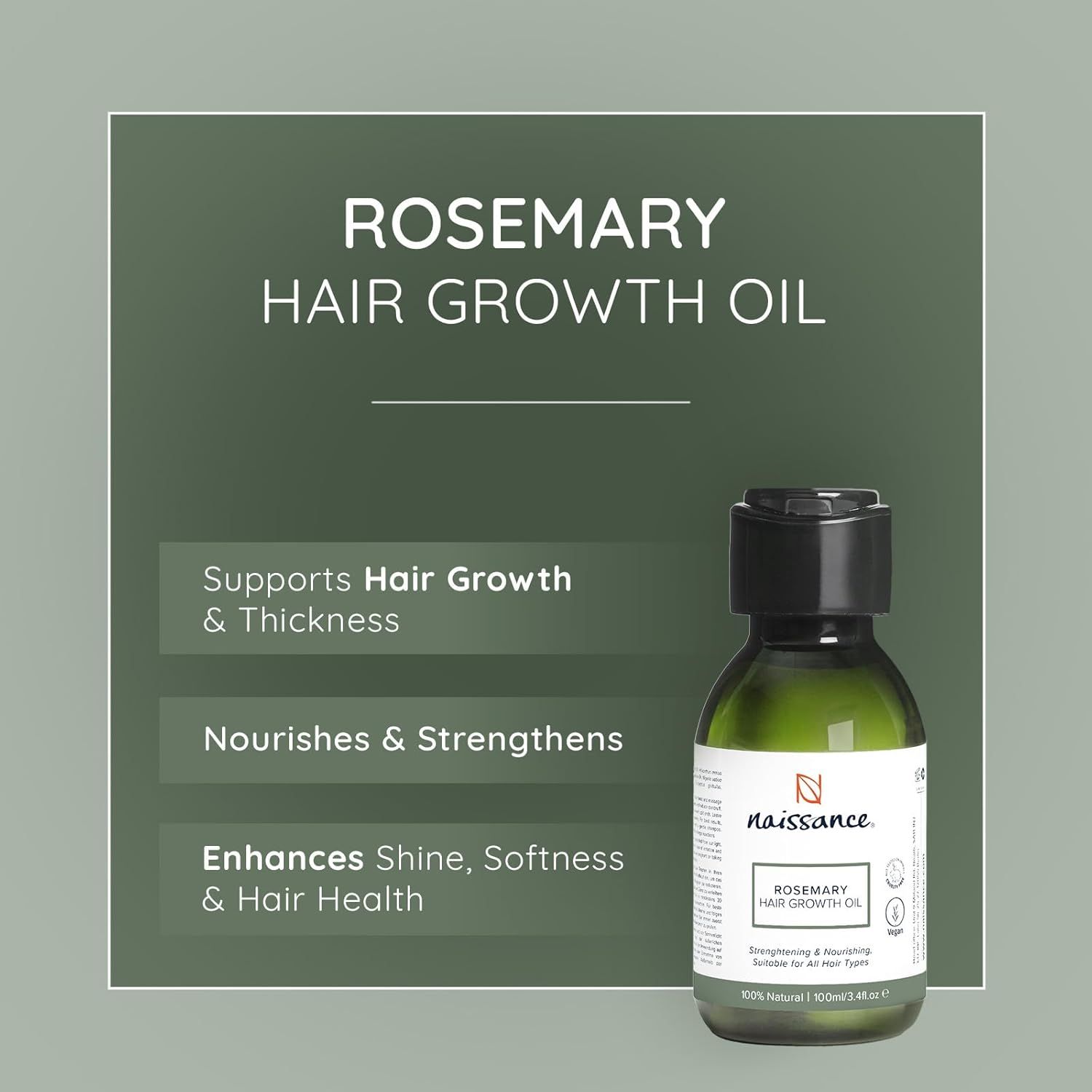 Grüne Flasche mit schwarzem Deckel. Aufschrift: Rosemary Hair Growth Oil. Unterstützt Haarwachstum und -dicke.