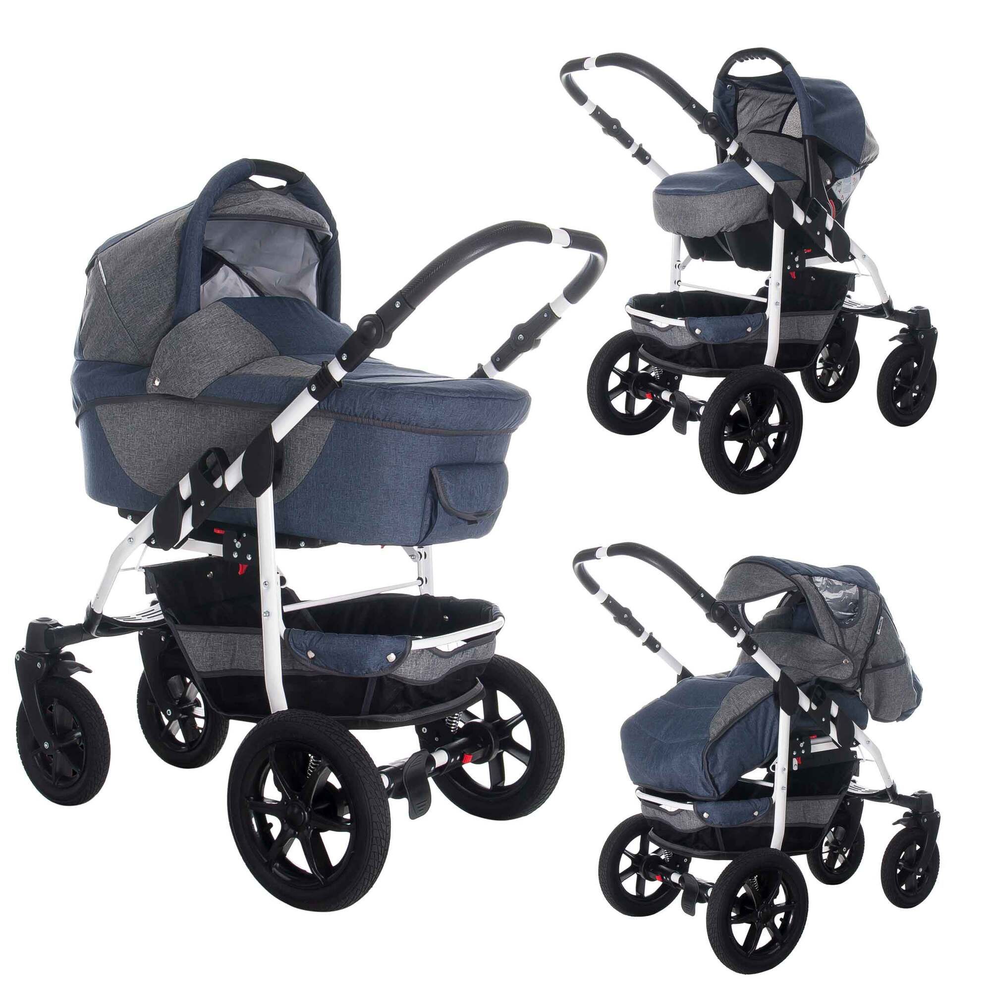 Kinderwagen mit Luftreifen, blau-grau. Mehrere Ansichten: Liegeposition, Sitzposition, Detailansicht.