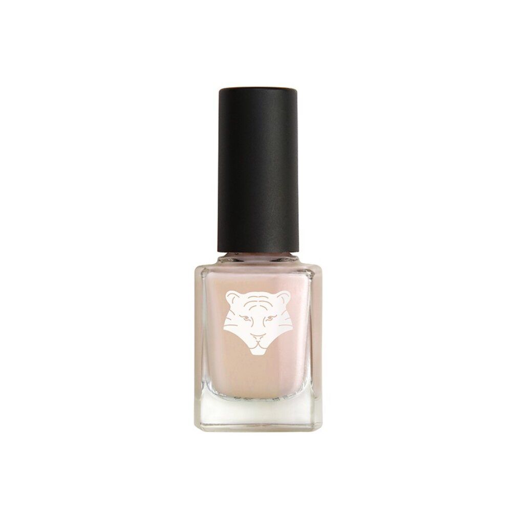 Nagellackflasche mit schwarzem Deckel und einem stilisierten Tigerkopf-Logo auf der Vorderseite. Heller Nudeton.