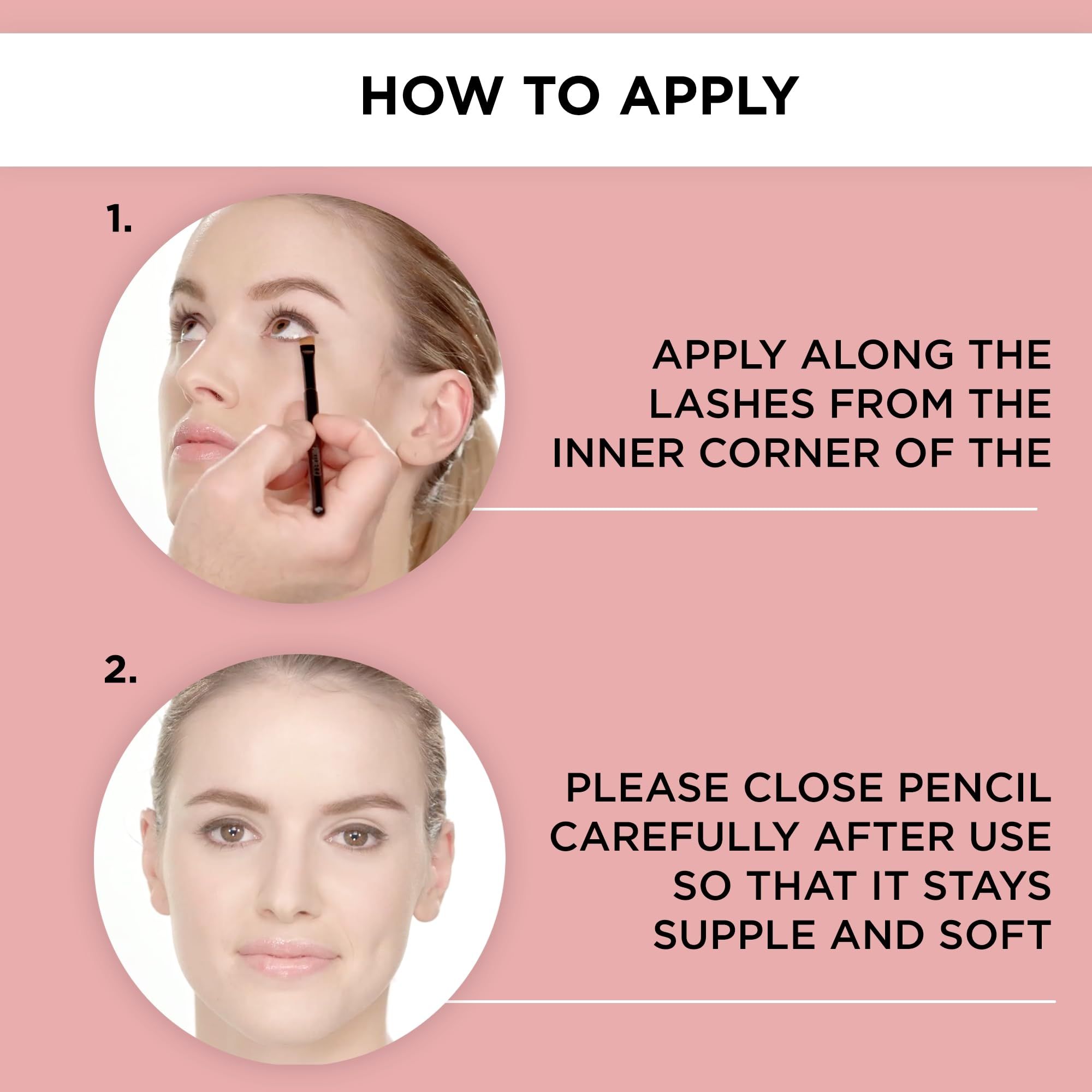 Anwendung des Artdeco Soft Eye Liner Waterproof. Frau trägt Eyeliner auf. Text: Am Wimpernkranz auftragen, Stift nach Gebrauch schließen.