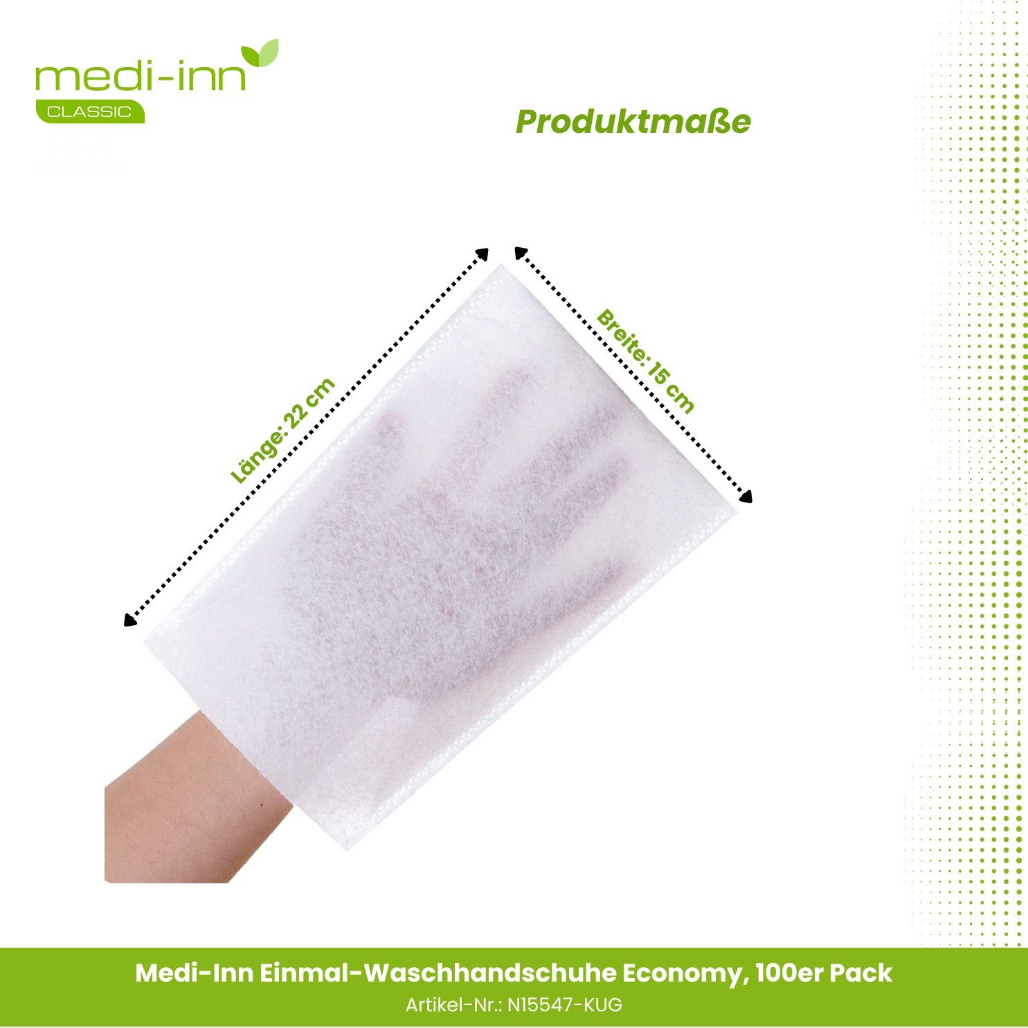 Medi-Inn Einmal-Waschhandschuhe Economy: Maße 22 cm Länge, 15 cm Breite.