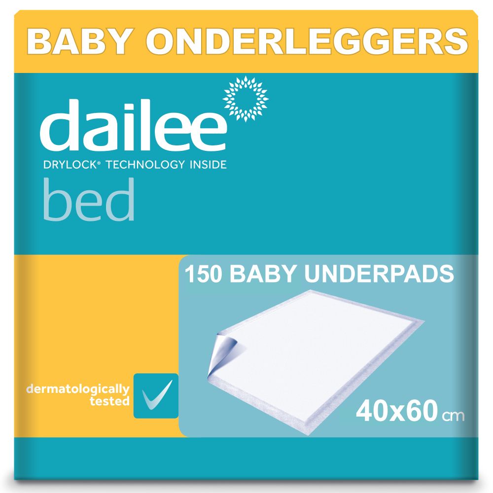 Verpakking Dailee Bed Baby Onderleggers. 150 stuks, 40x60 cm. Dermatologisch getest.
