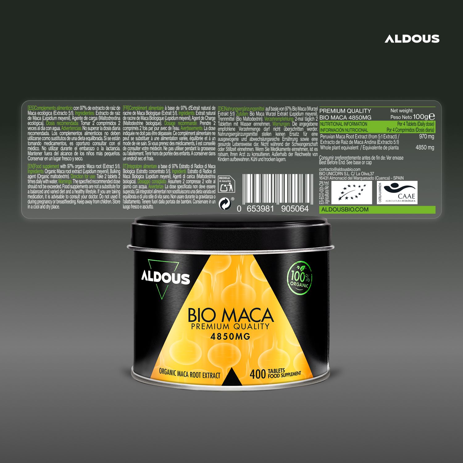 Aldous Bio Maca Dose mit Etikett: 400 Tabletten, 4850mg, Bio-zertifiziert.