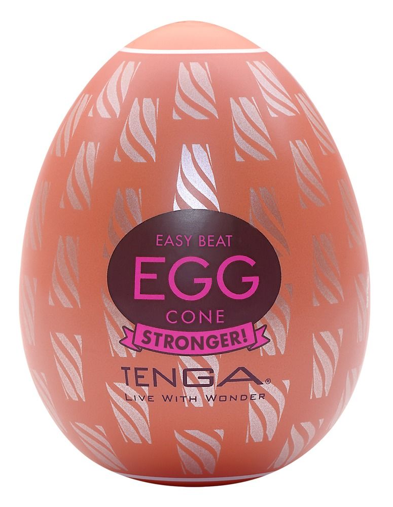 Ei-förmiges Produkt, orangefarben mit weißem Muster. Aufschrift: "EGG CONE STRONGER!" und "TENGA".