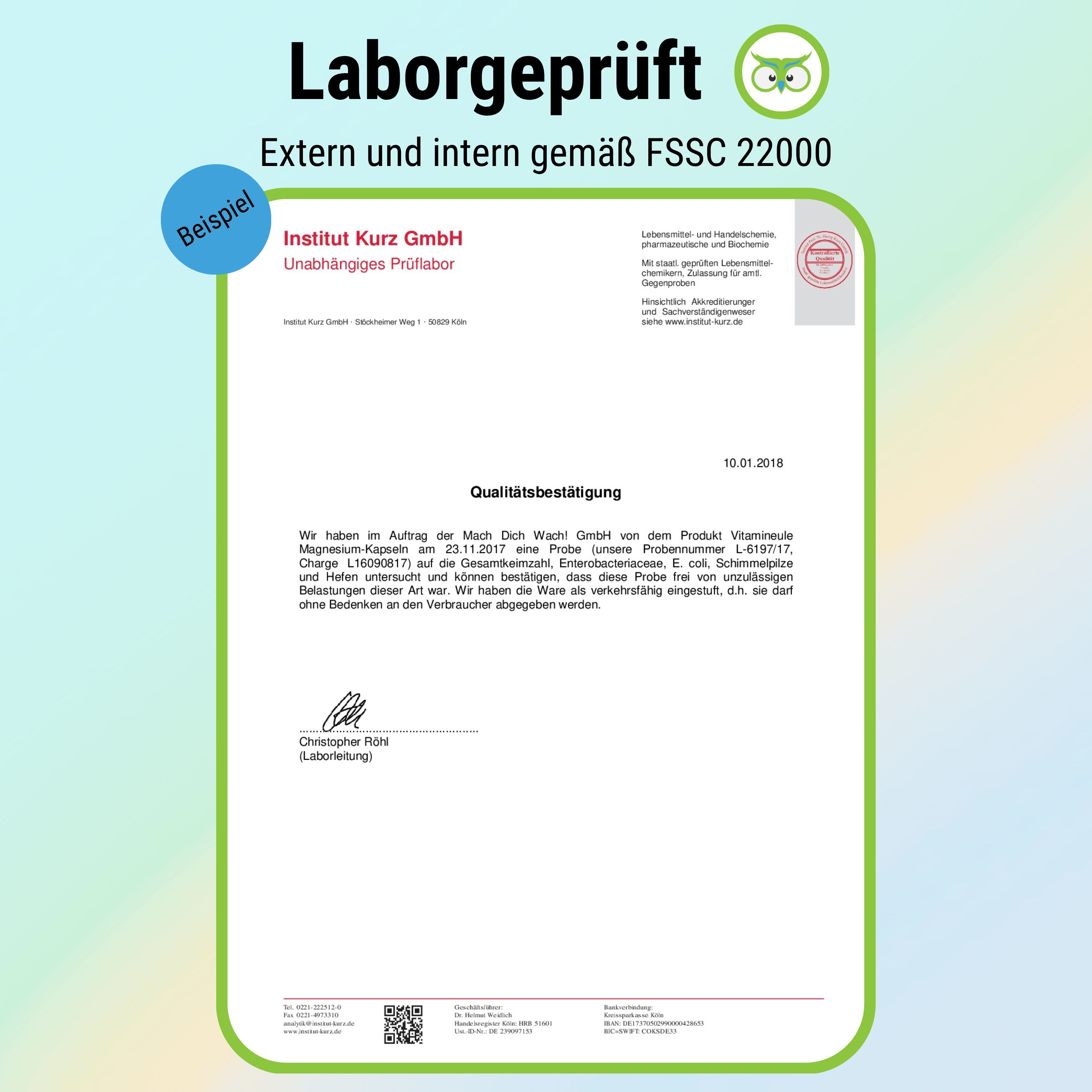 Laborzertifikat. Beispiel: Institut Kurz GmbH. Unabhängiges Prüflabor. Bestätigung der Qualität von Magnesium Komplex Kapseln.