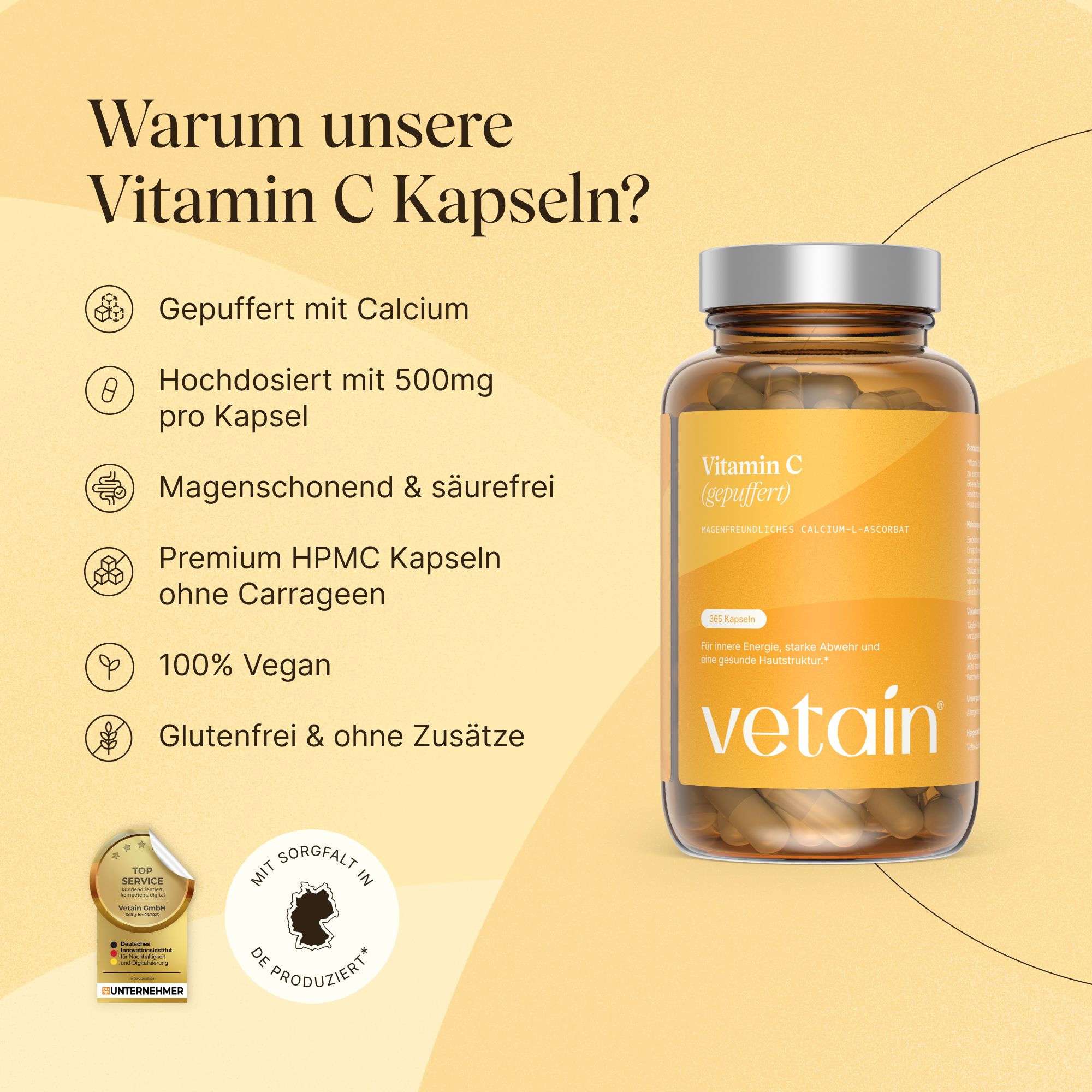 VETAIN Vitamin C gepuffert: 500mg, vegan, magenfreundlich, glutenfrei, hergestellt in Deutschland.
