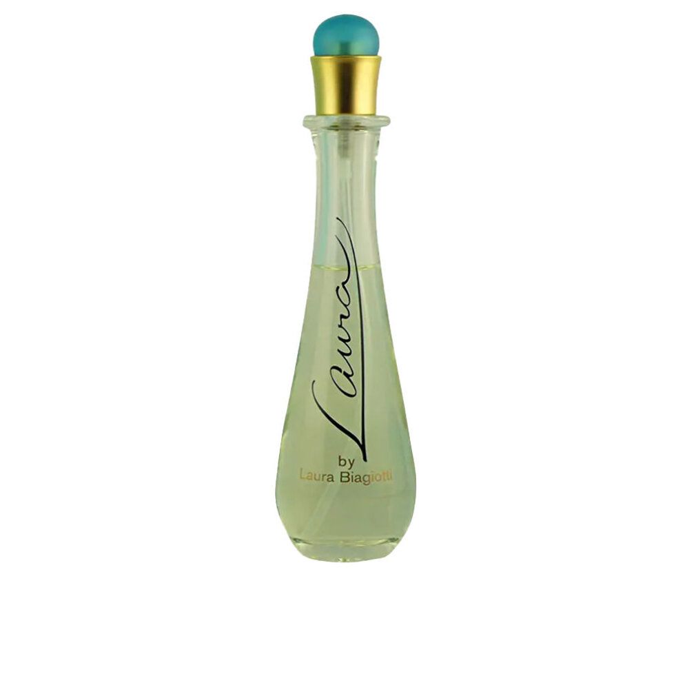 Parfümflasche mit Aufschrift 'Laura' und 'by Laura Biagiotti'. Türkisfarbener Verschluss.
